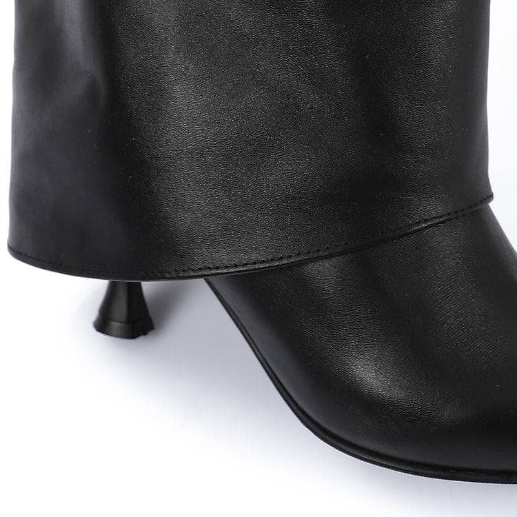 Leather Pointed-Toe Stiletto Heel Pull-On Boots - Black
