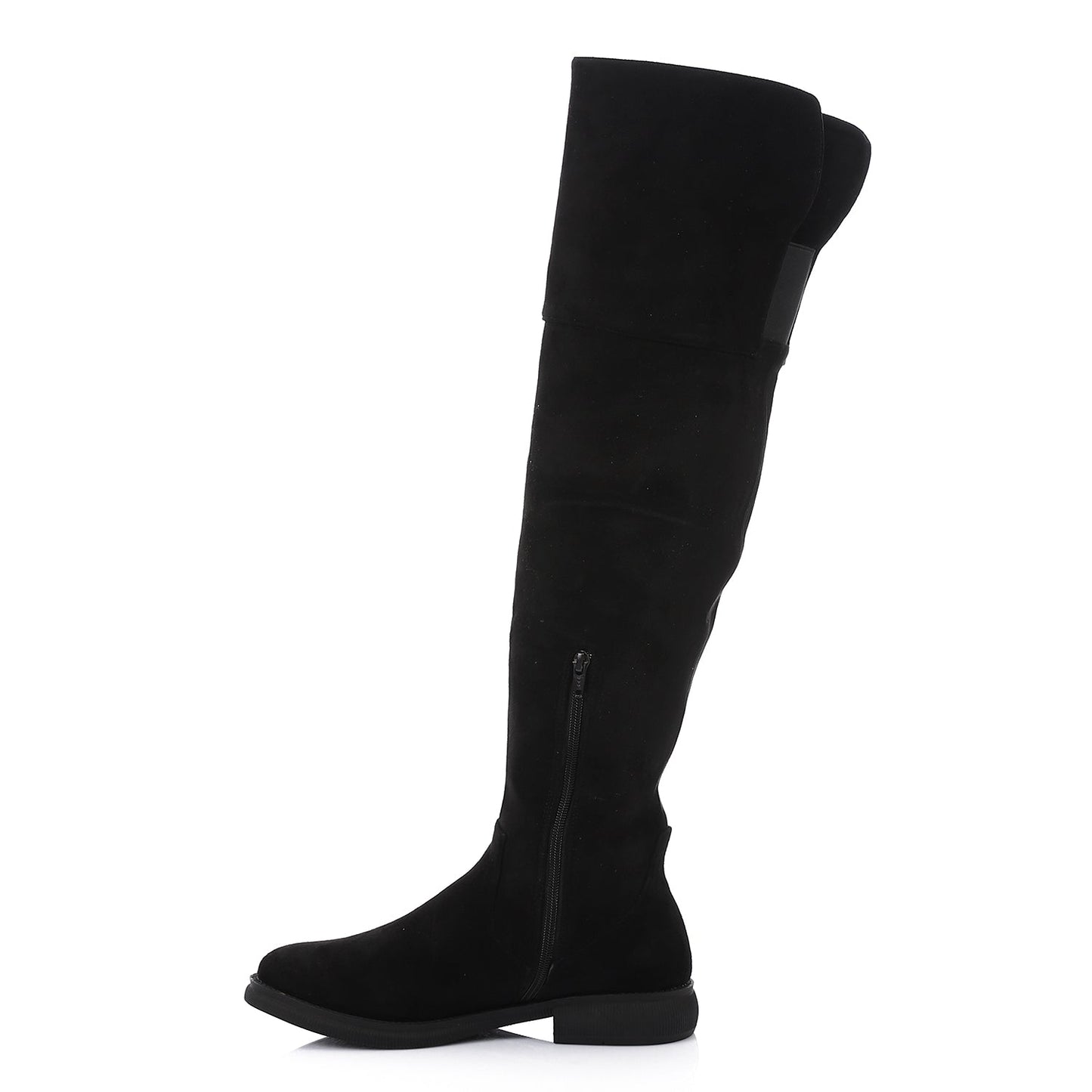 Suede Knee-High Block Heel Boots - Black