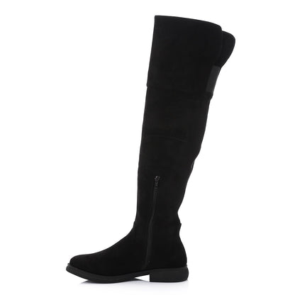 Suede Knee-High Block Heel Boots - Black