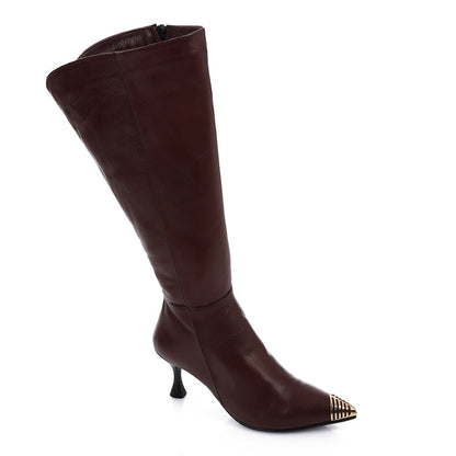 Leather Almond Toe Knee-High Boots - Brown
