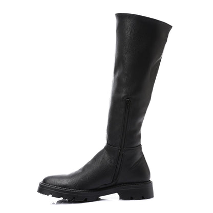 Faux Leather Round-Toe Block Heel Tall Boots - Black