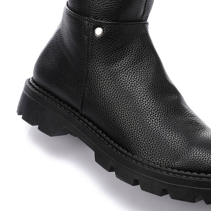 Faux Leather Round-Toe Block Heel Tall Boots - Black