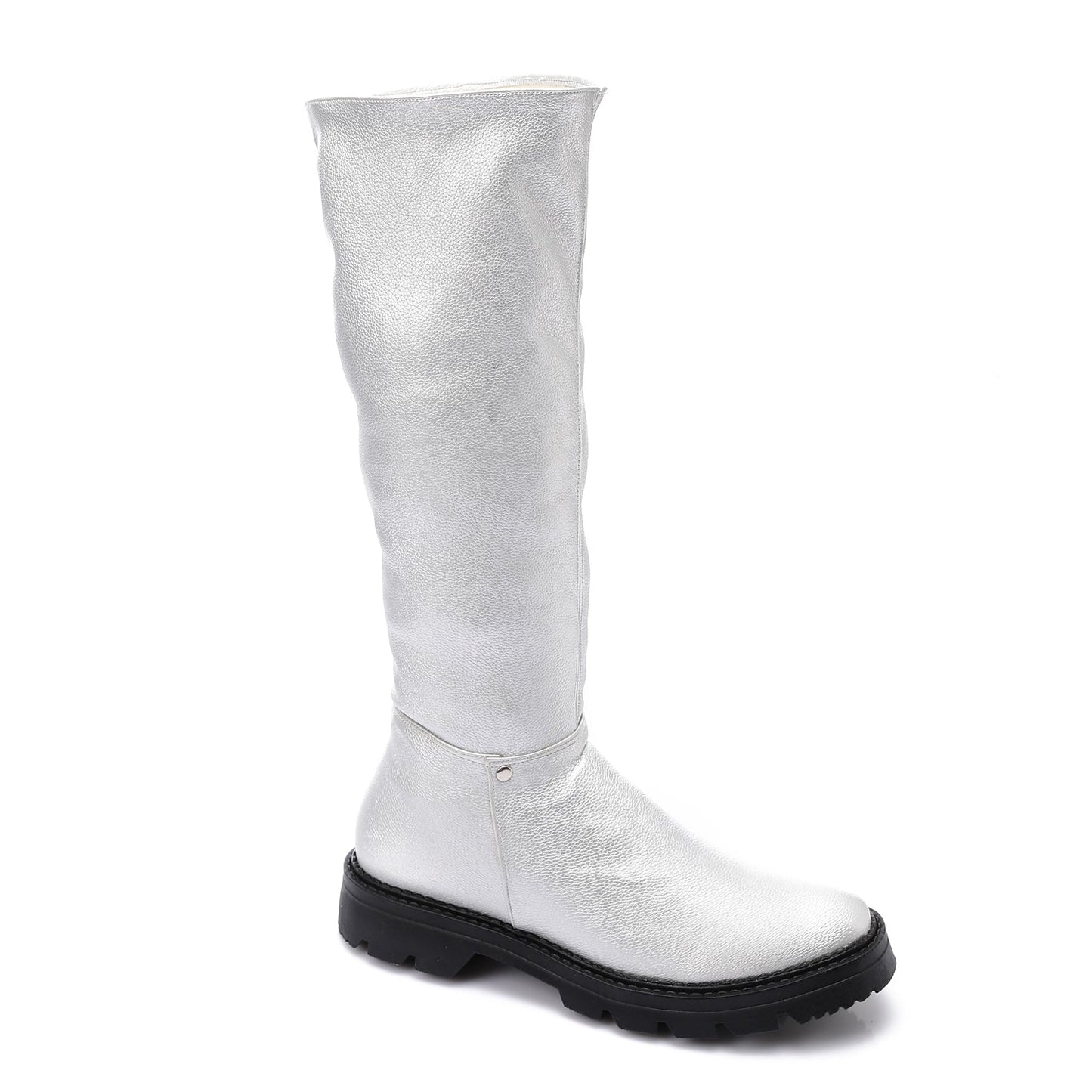 Faux Leather Solid Knee-High Boots - Silver