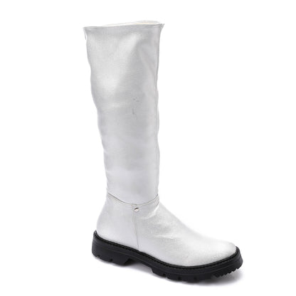 Faux Leather Solid Knee-High Boots - Silver