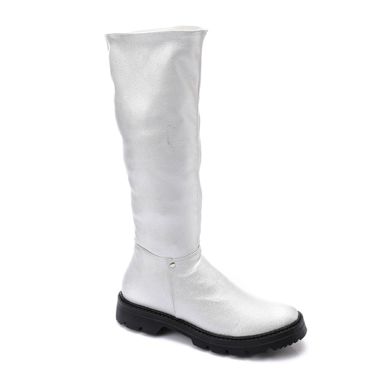 Faux Leather Solid Knee-High Boots - Silver