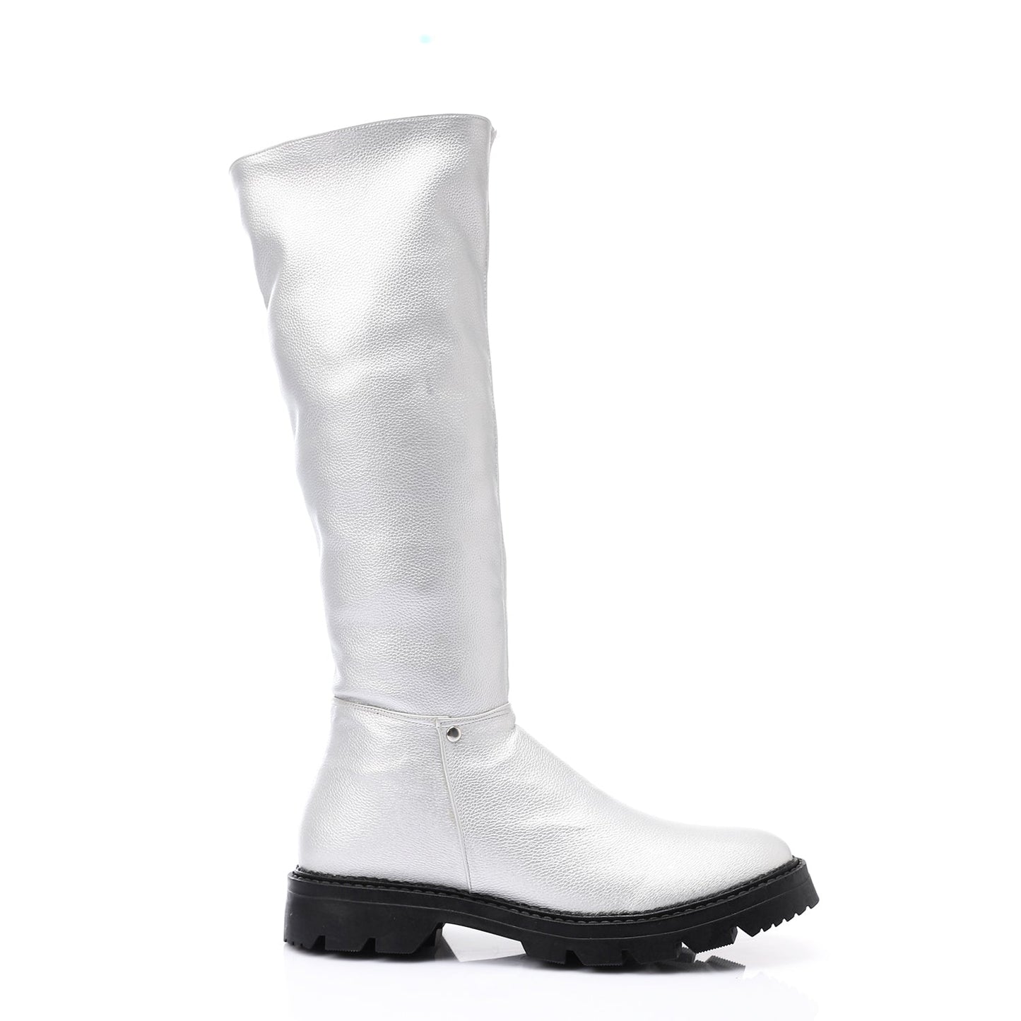 Faux Leather Solid Knee-High Boots - Silver