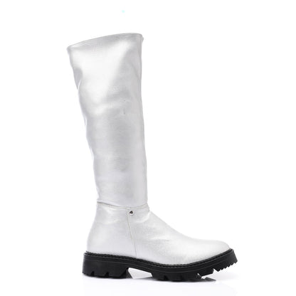 Faux Leather Solid Knee-High Boots - Silver