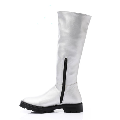 Faux Leather Solid Knee-High Boots - Silver