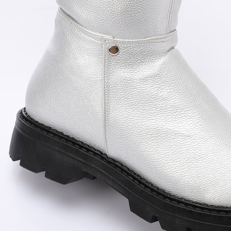 Faux Leather Solid Knee-High Boots - Silver