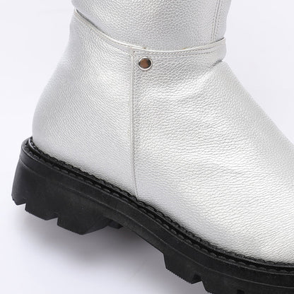 Faux Leather Solid Knee-High Boots - Silver