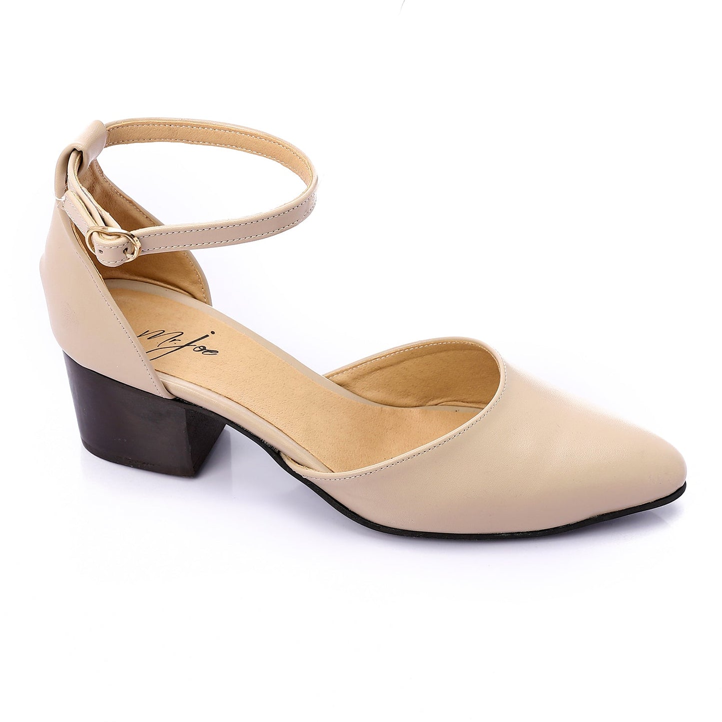 Faux Leather Block Heel Ankle Strap Shoes – Beige
