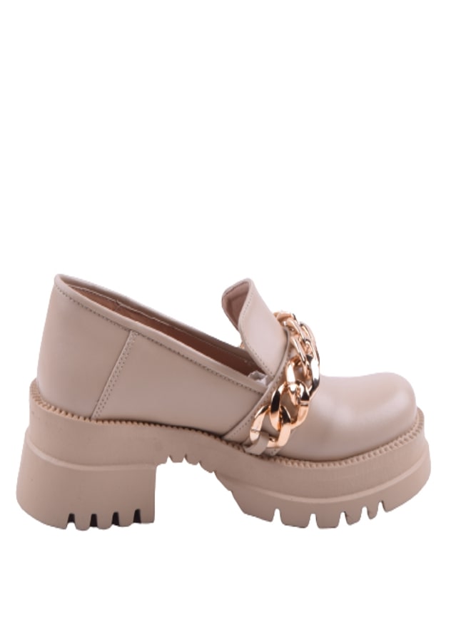 Leather Chain Detail Chunky Loafers - Beige