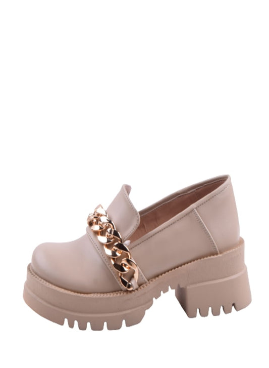 Leather Chain Detail Chunky Loafers - Beige