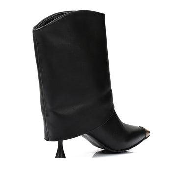 Leather Pointed-Toe Stiletto Heel Pull-On Boots – Black