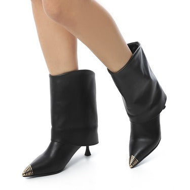 Leather Pointed-Toe Stiletto Heel Pull-On Boots – Black