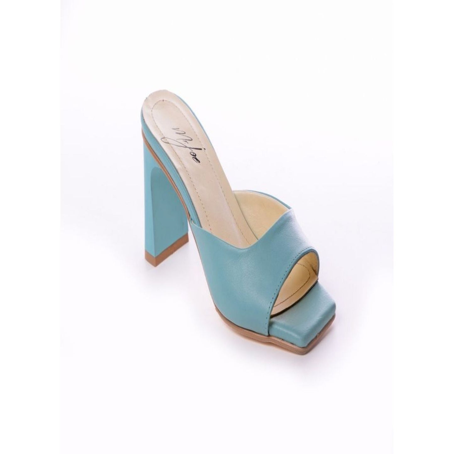 Faux Leather Plain Block Heel Slippers – Light Blue