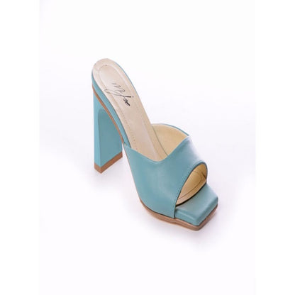 Faux Leather Plain Block Heel Slippers – Light Blue