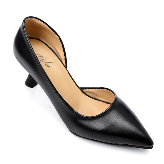 Faux Leather Pointed-Toe Kitten Heel Pumps - Black