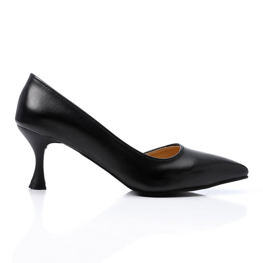 Faux Leather Pointed-Toe Kitten Heel Pumps - Black