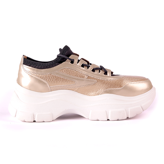 Faux Leather Lace-Up Chunky Sneakers - Gold