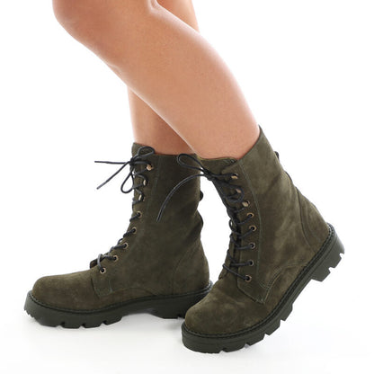 Suede Round Toe Combat Boots – Olive