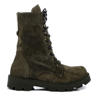 Suede Round Toe Combat Boots – Olive
