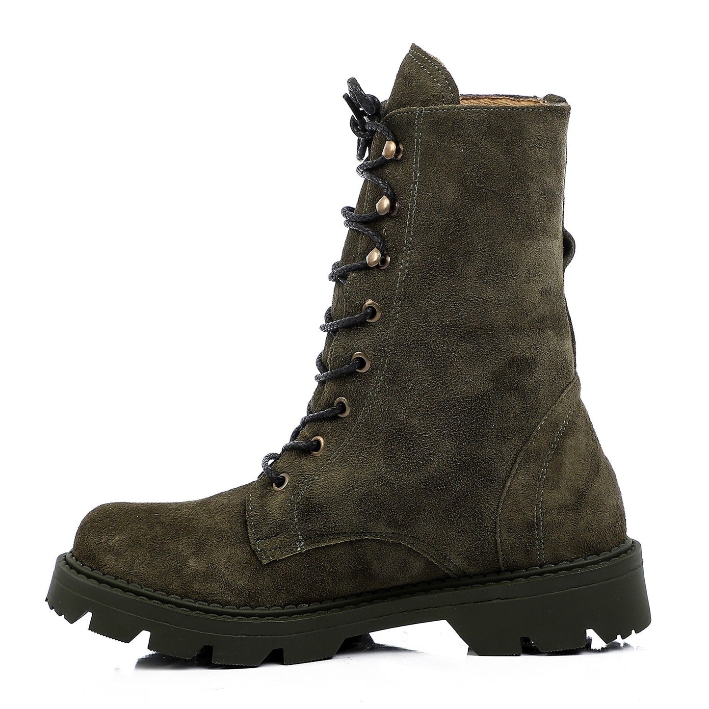 Suede Round Toe Combat Boots – Olive