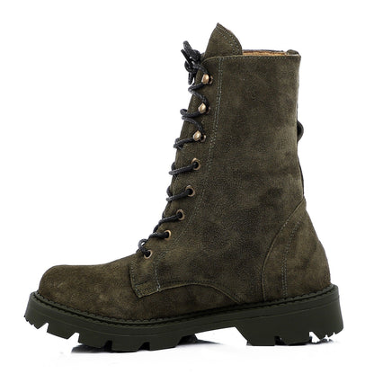 Suede Round Toe Combat Boots – Olive