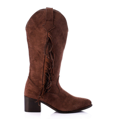 Faux Leather Suede Fringe Cowboy Boots - Brown