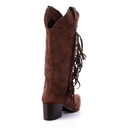 Faux Leather Suede Fringe Cowboy Boots - Brown