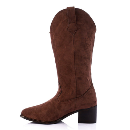 Faux Leather Suede Fringe Cowboy Boots - Brown