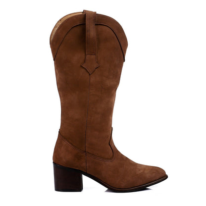 Suede Oval Toe Mid-Calf Boots - Brown