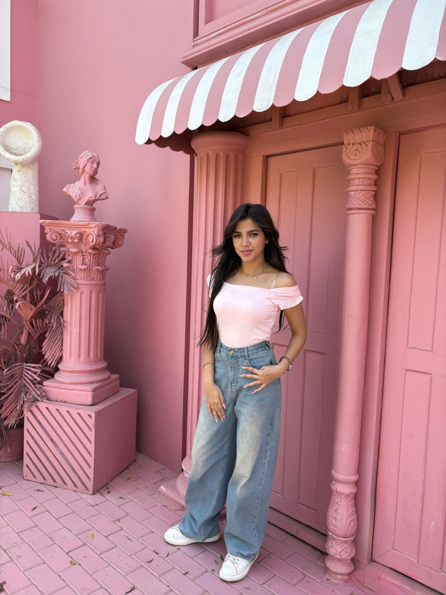 Cotton Stretch Off-Shoulder Casual Top – Pink