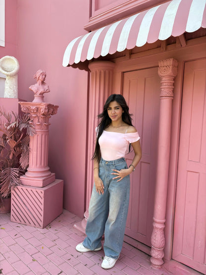 Cotton Stretch Off-Shoulder Casual Top – Pink