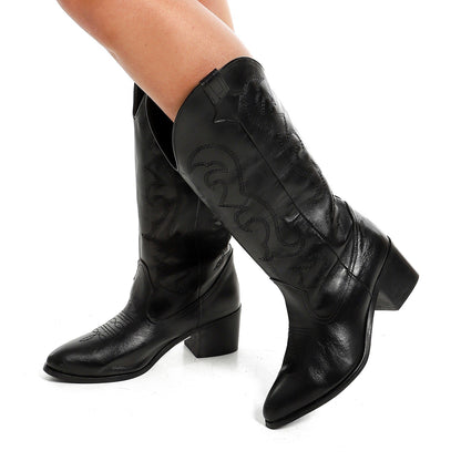 Faux Leather Cowboy Boots – Black
