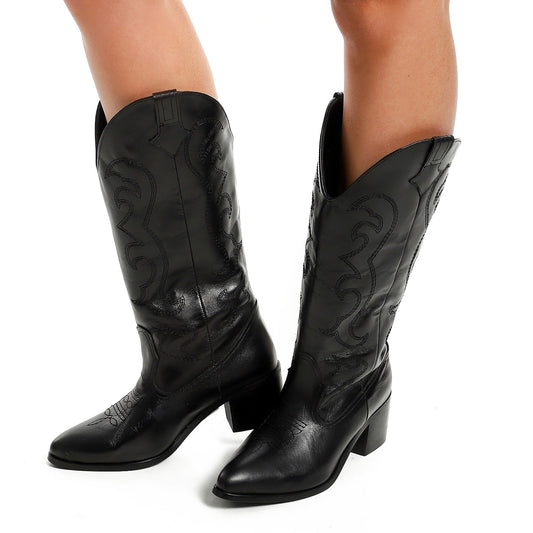 Faux Leather Cowboy Boots – Black