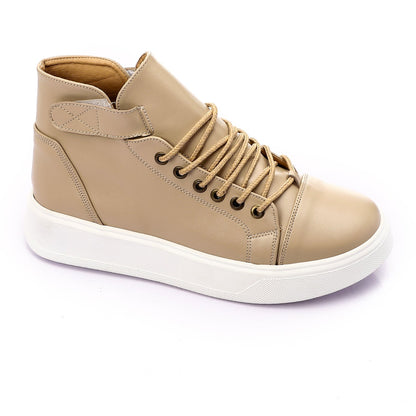 Leather High-Top Lace-Up Sneakers – Beige