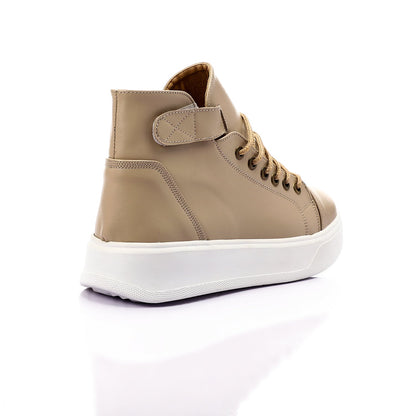 Leather High-Top Lace-Up Sneakers – Beige