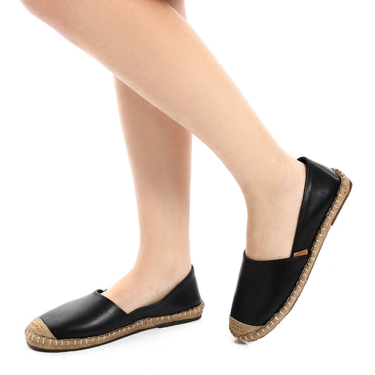 Faux Leather & Straw Espadrille Flats – Black