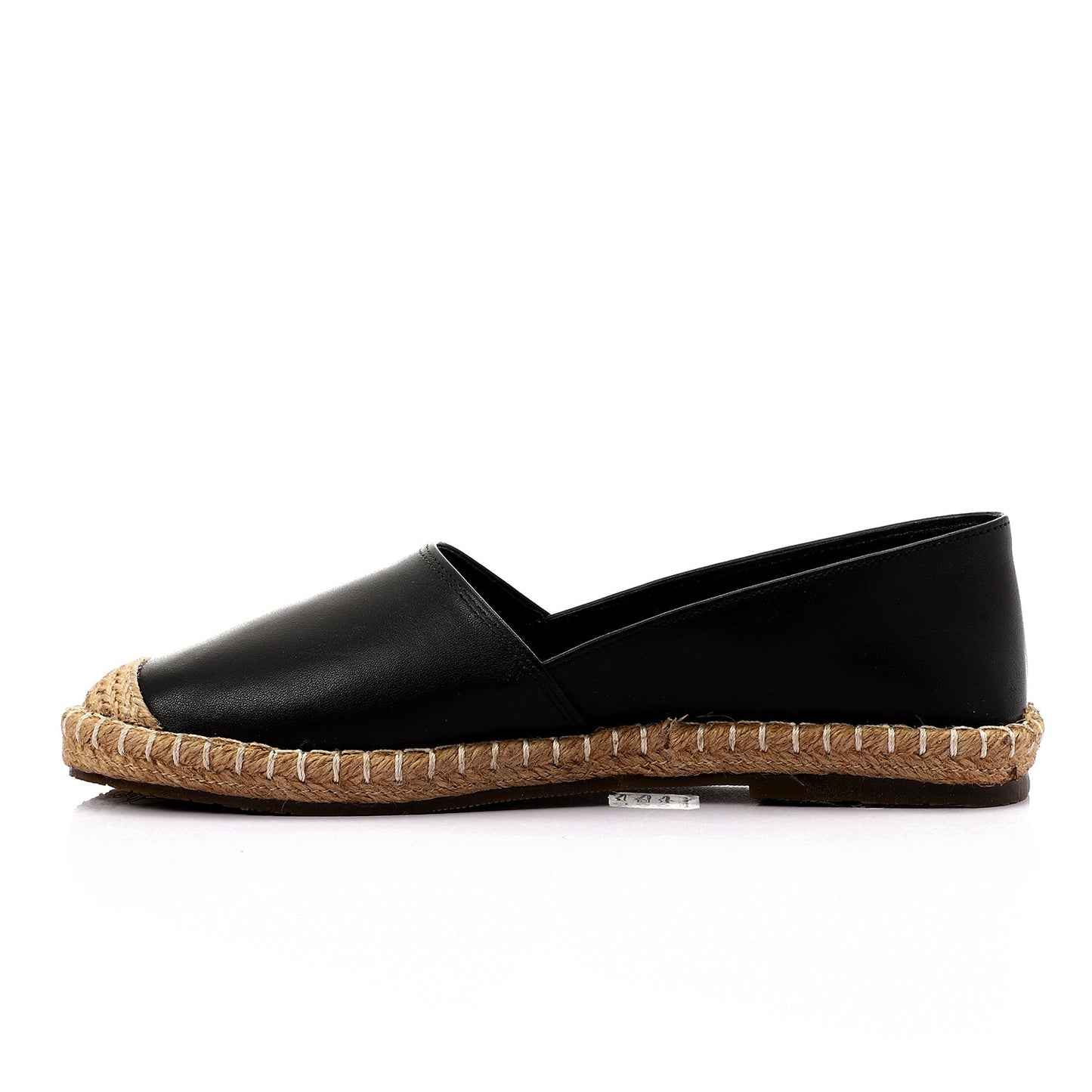 Faux Leather & Straw Espadrille Flats – Black