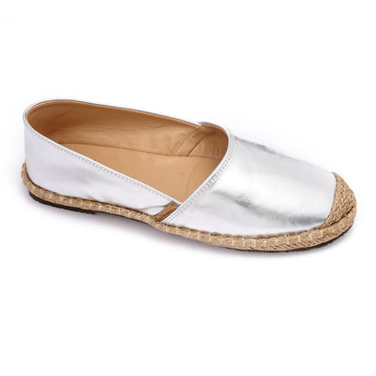 Faux Leather & Straw Espadrille Flats – Silver