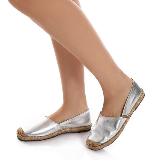 Faux Leather & Straw Espadrille Flats – Silver