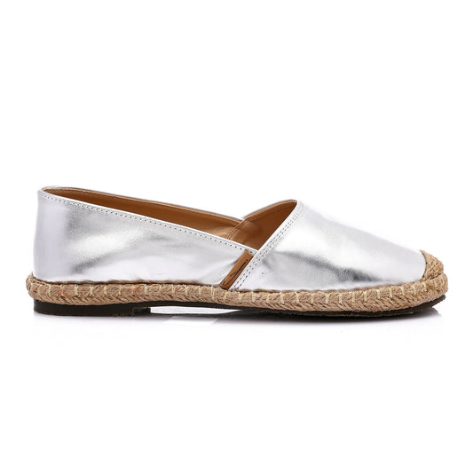Faux Leather & Straw Espadrille Flats – Silver