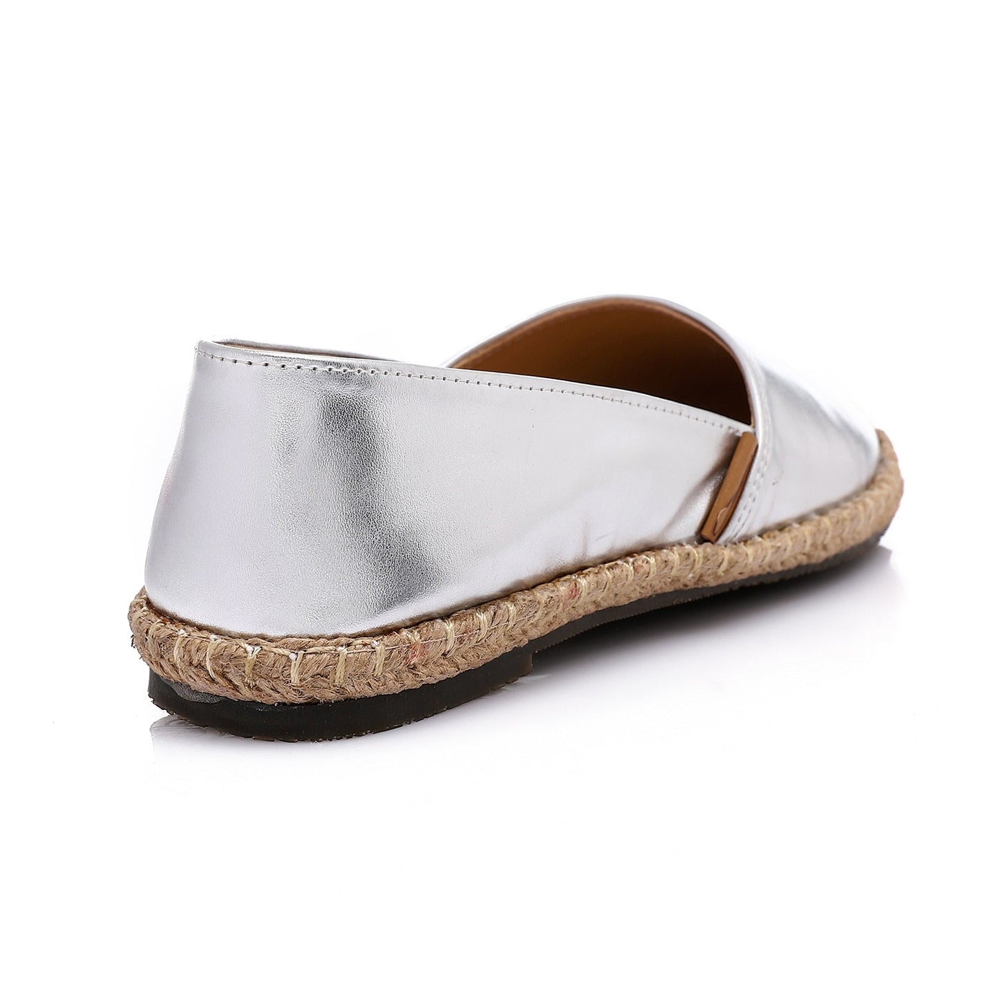 Faux Leather & Straw Espadrille Flats – Silver