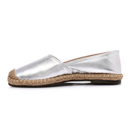 Faux Leather & Straw Espadrille Flats – Silver