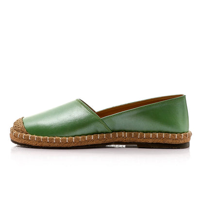 Faux Leather & Straw Espadrille Flats – Green