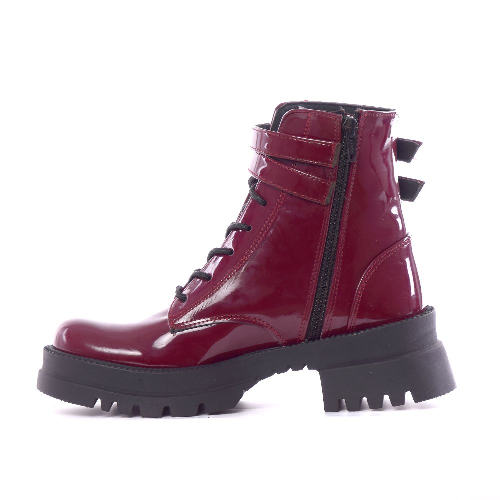 Faux Leather High-Neck Boots with Buckles – Burgundy
