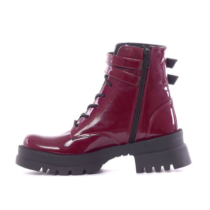 Faux Leather High-Neck Boots with Buckles – Burgundy