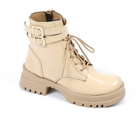 Verne Lace-Up Combat Boots with Buckle – Beige