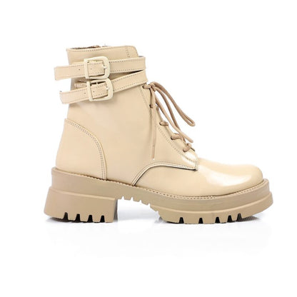Verne Lace-Up Combat Boots with Buckle – Beige